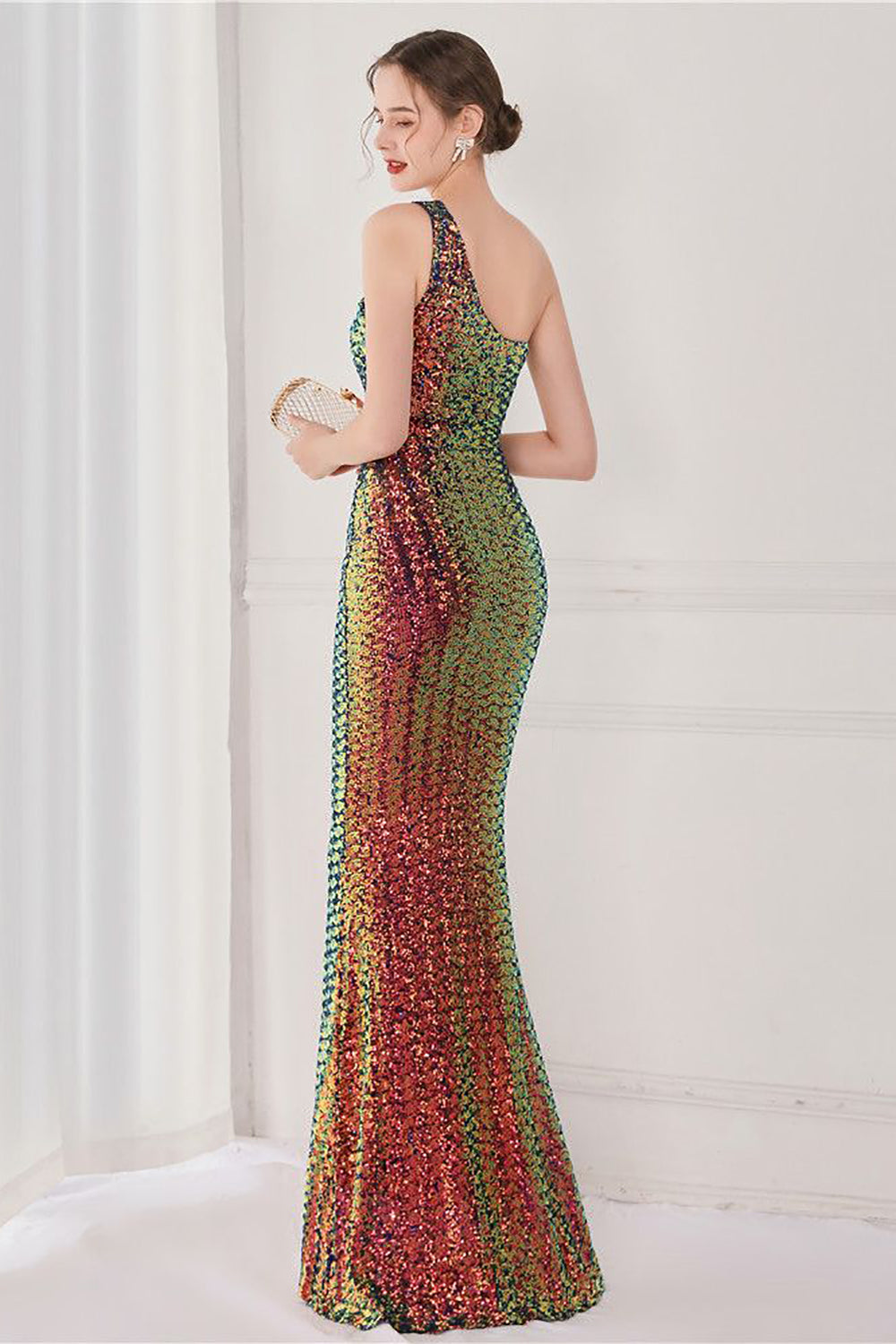 Robe de soirée sirène à paillettes à une épaule colorée
