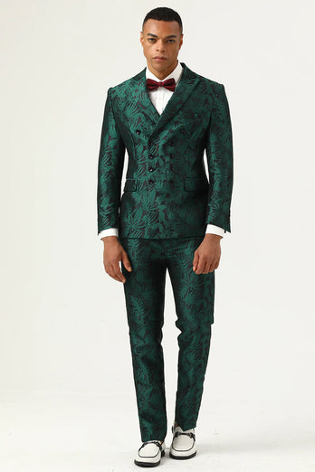 Jacquard Double Breated 2 Pièces Costume Homme Vert