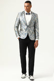 Revers cranté jacquard argenté et bleu Blazer de bal pour hommes