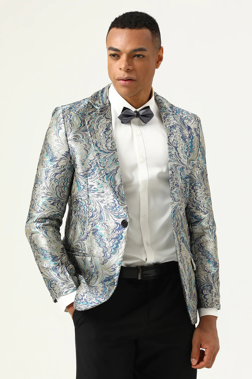 Revers cranté jacquard argenté et bleu Blazer de bal pour hommes
