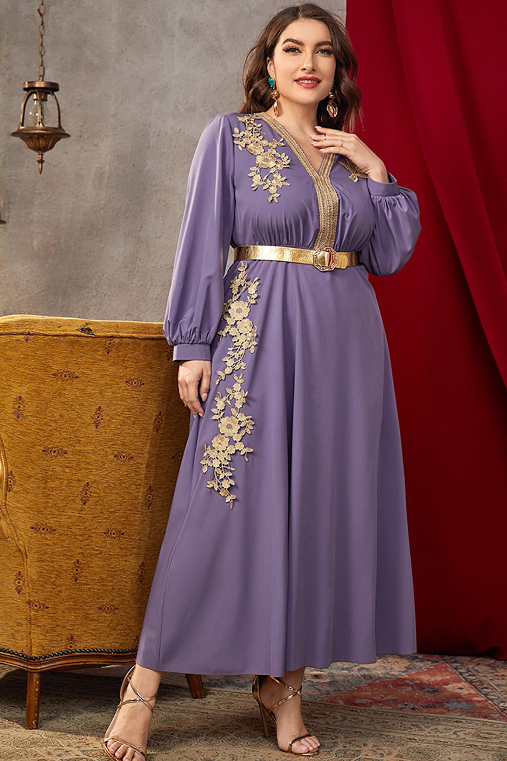 Taille Plus Purple Caftan Marocain avec manches longues