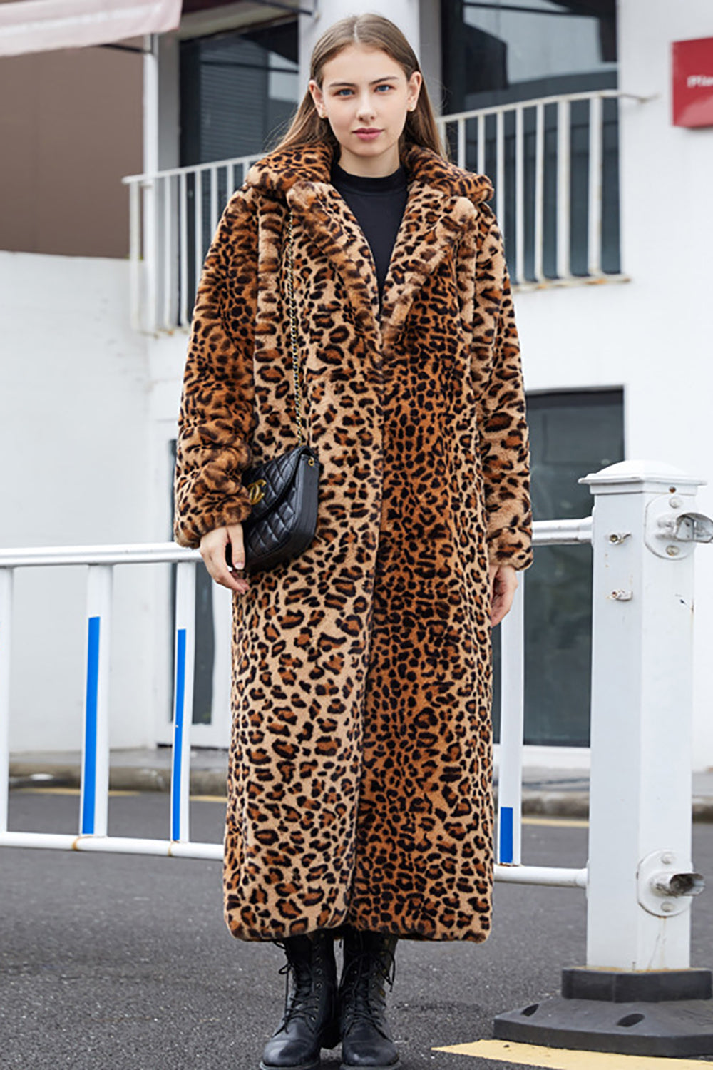 Brown Leopard Notched Lapel Faux Fur Shearling Coat