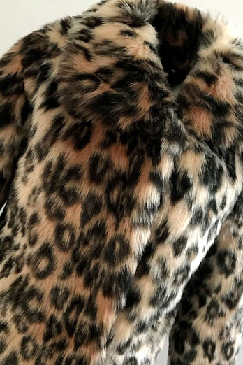 Brown Leopard Lapel Neck Midi Fausse Fourrure Shearling Manteau