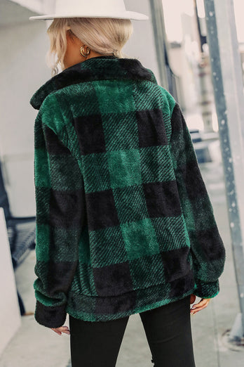 Green Plaid Zipper Fuzzy Jacket Manteau d’hiver