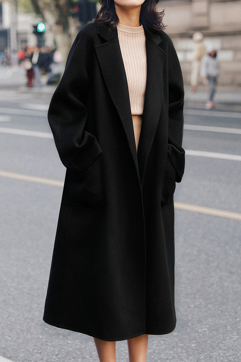 Charger l&#39;image dans la galerie, Manteau de laine ceinturé à revers noir avec poches