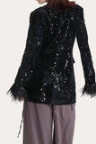 Paillettes noires  Femmes Bal Blazer Soirée avec plumes