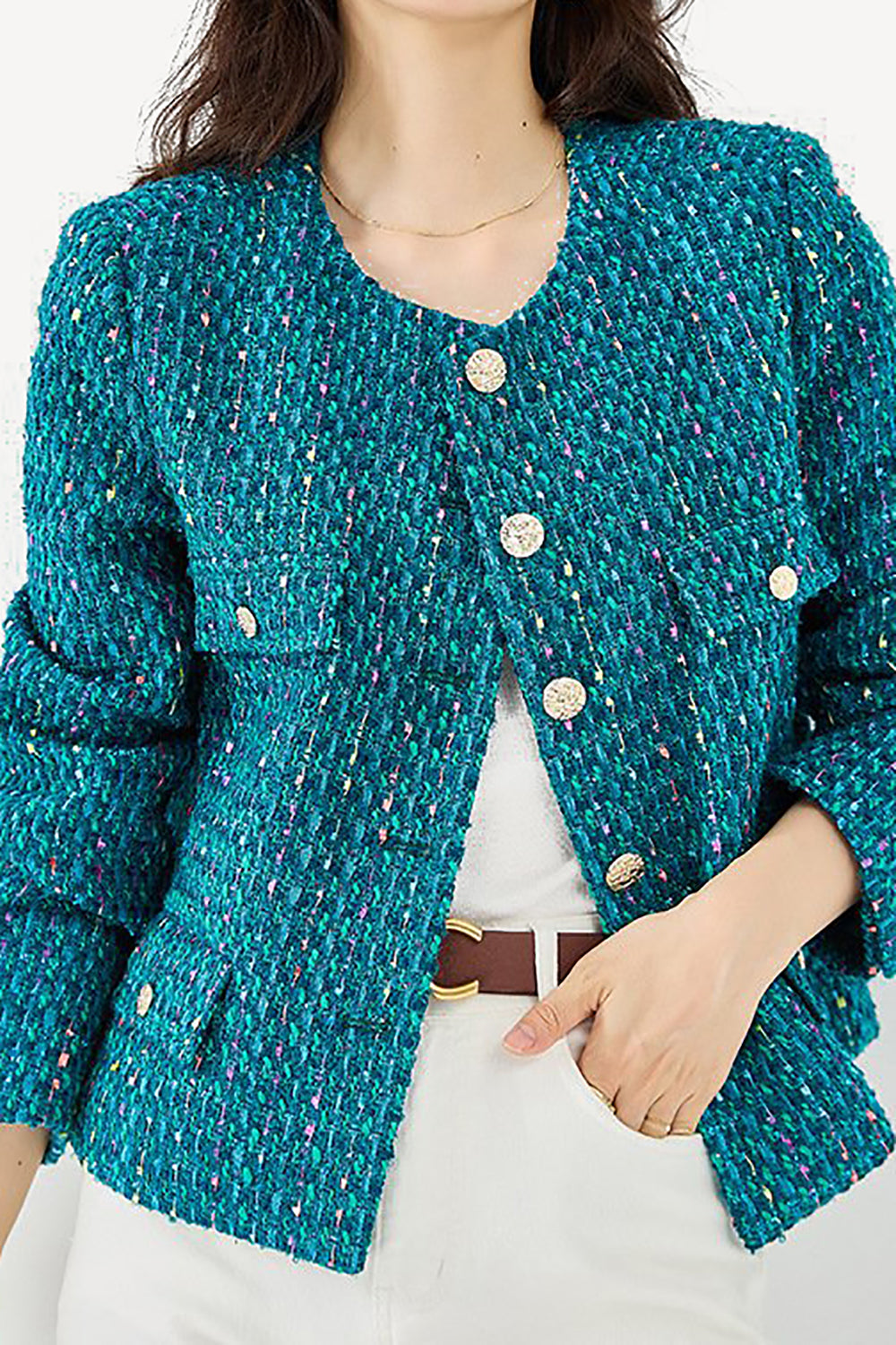 Veste sans col en tweed et lurex marine - MARILINE Veste sans col en tweed et lurex marine - MARILINE