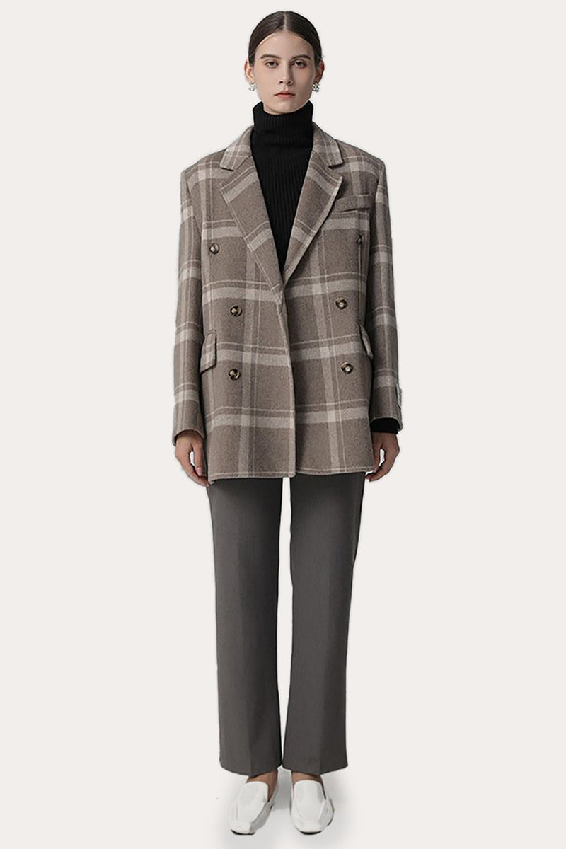 Charger l&#39;image dans la galerie, Manteau en laine à double boutonnage pour femme à carreaux kaki
