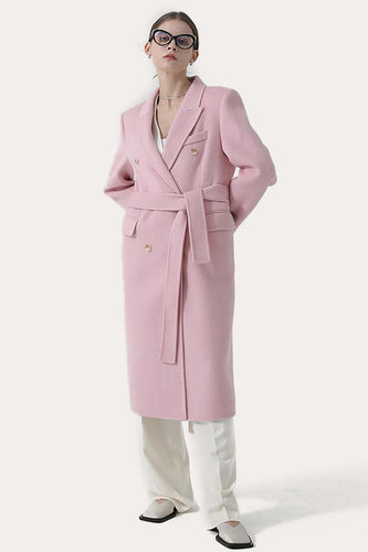 Manteau long en laine rose à revers double boutonnage pour femme