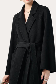Revers noir cranté Midi Femmes Manteau de laine avec ceinture