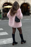 Shearling rose à l’avant ouvert en fausse fourrure Long manteau hirsute