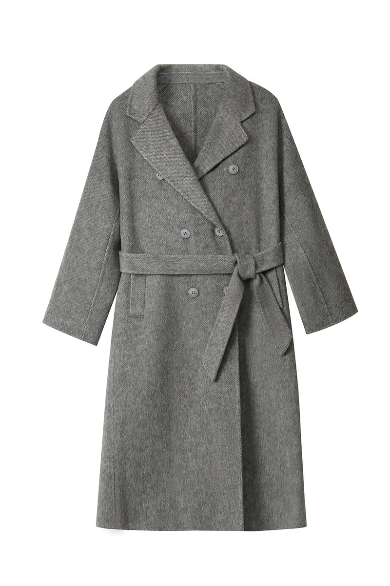 Charger l&#39;image dans la galerie, Manteau long croisé gris en laine mélangée avec ceinture
