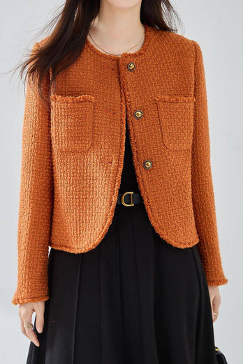 Orange Tweed Châle Revers Bouton Cropped Femmes Manteau