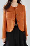 Orange Tweed Châle Revers Bouton Cropped Femmes Manteau