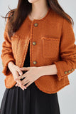 Orange Tweed Châle Revers Bouton Cropped Femmes Manteau