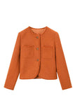 Orange Tweed Châle Revers Bouton Cropped Femmes Manteau