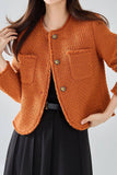 Orange Tweed Châle Revers Bouton Cropped Femmes Manteau