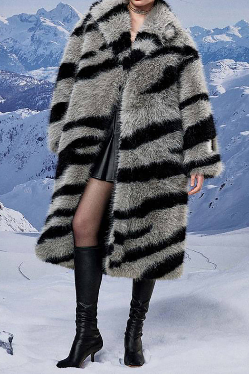 Charger l&#39;image dans la galerie, Motif zèbre gris foncé imitation manteau en shearling longue fausse fourrure surdimensionnée