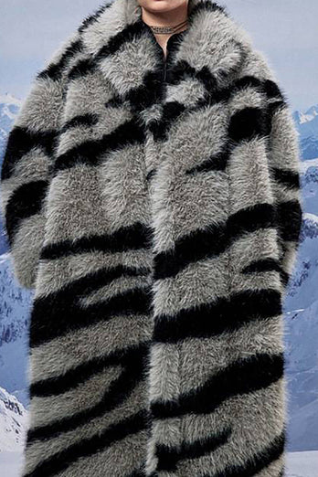 Motif zèbre gris foncé imitation manteau en shearling longue fausse fourrure surdimensionnée