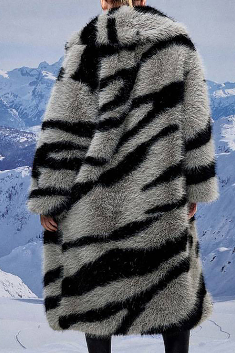 Charger l&#39;image dans la galerie, Motif zèbre gris foncé imitation manteau en shearling longue fausse fourrure surdimensionnée