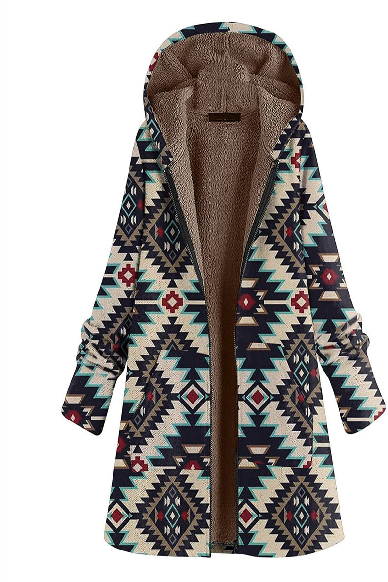 Charger l&#39;image dans la galerie, Manteau de Noël à manches longues imprimé en molleton bleu marine à capuche pour femmes