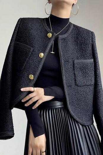 Tweed noir châle revers court manteau femmes