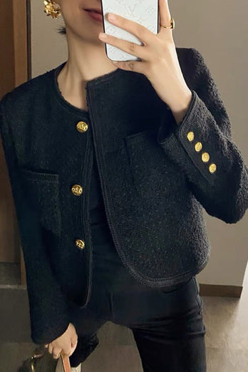 Tweed noir châle revers court manteau femmes