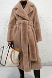 Manteau long ouvert en peau de mouton en fausse fourrure kaki avec ceinture