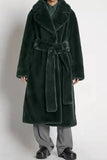 Manteau long ouvert en peau de mouton en fausse fourrure kaki avec ceinture