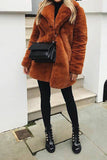 Orange Col à revers ouvert devant Fausse fourrure Midi Femmes Manteau