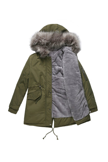 Manteau mi-long en molleton d’hiver chaud plus à capuche vert armée