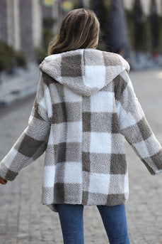 Manteau épaissi à capuche en molleton à carreaux gris