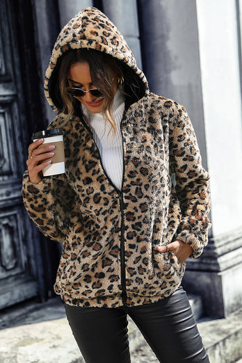 Manteau zippé à capuche en polaire léopard gris