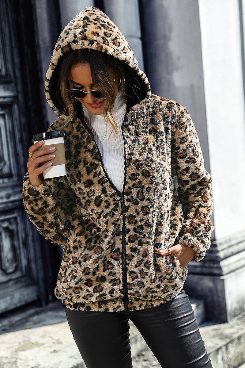 Charger l&#39;image dans la galerie, Manteau zippé à capuche en polaire léopard gris