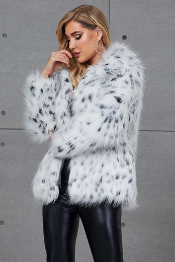 Manteau blanc à revers imprimé léopard col fausse fourrure femmes