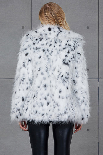 Manteau blanc à revers imprimé léopard col fausse fourrure femmes