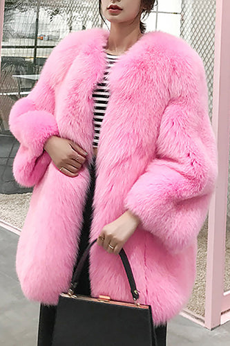 Hot Pink Châle Revers Surdimensionné Fausse Fourrure Femmes Manteau