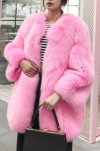 Hot Pink Châle Revers Surdimensionné Fausse Fourrure Femmes Manteau
