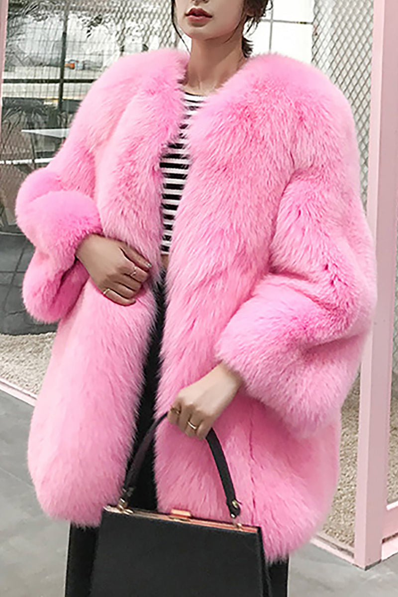 Charger l&#39;image dans la galerie, Hot Pink Châle Revers Surdimensionné Fausse Fourrure Femmes Manteau