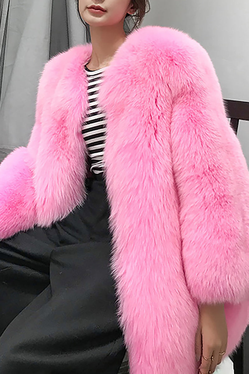 Charger l&#39;image dans la galerie, Hot Pink Châle Revers Surdimensionné Fausse Fourrure Femmes Manteau
