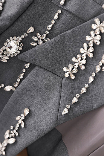 Blazer à double boutonnage perlé gris scintillant pour femmes