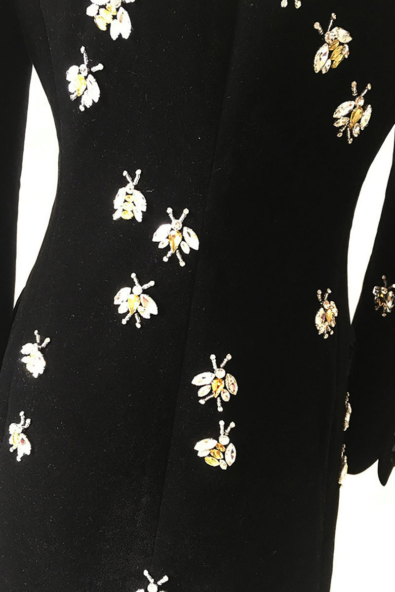 Charger l&#39;image dans la galerie, Blazer femme en velours noir perlé d’abeilles scintillantes