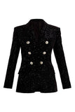 Blazer de fête à double boutonnage pour femmes à paillettes noires scintillantes