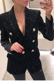 Blazer de fête à double boutonnage pour femmes à paillettes noires scintillantes