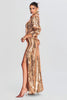 Charger l&#39;image dans la galerie, Robe blazer à col à revers à paillettes dorées scintillantes avec fente