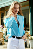 Blue Button Down Chemisier en soie pour femmes