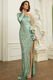 Robe de bal à paillettes verte à une épaule avec des volants