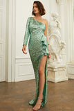 Robe de bal à paillettes verte à une épaule avec des volants