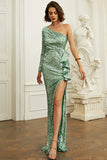 Robe de bal à paillettes verte à une épaule avec des volants