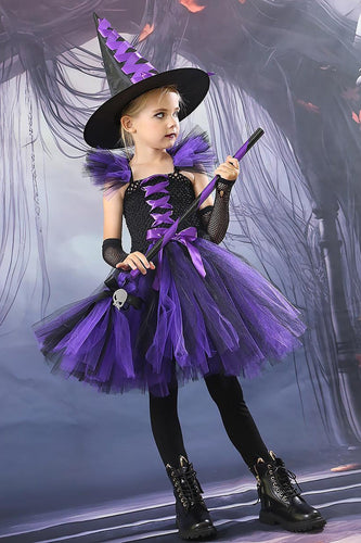 Purple Square Neck Tulle Halloween Girl Dress Set